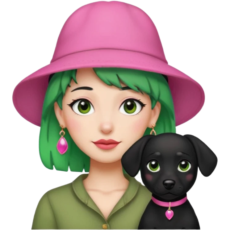 green haired fully black dog with big earrings and pink hat emoji