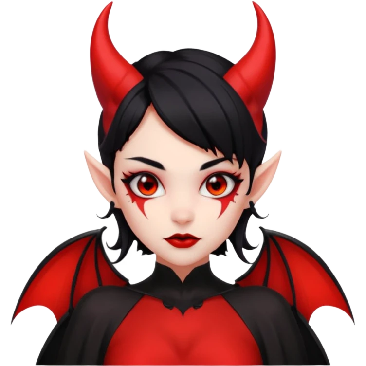 demon girl, skin 100% solid red (no pale/blush), black hair, small horns, pointed ears, bat wing, black open-back dress, bold black outlines, red+black palette emoji