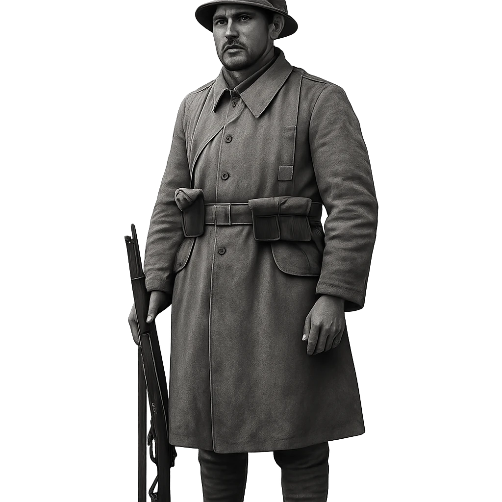 Ottoman WW1 soldier, trench coat, helmet, vintage military style emoji