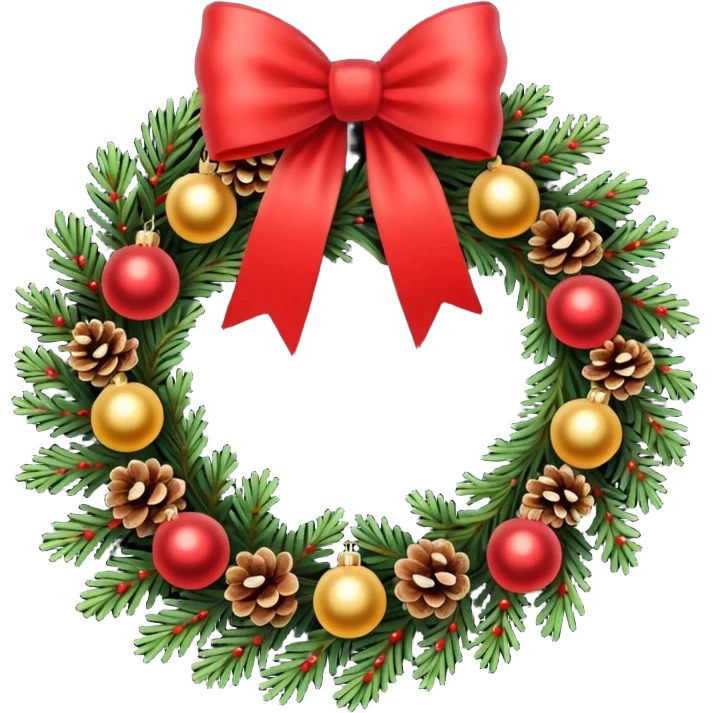 A Christmas wreath made entirely of fir trees, decorated with a single red bow at the bottom, pine cones, and Christmas tree balls. emoji