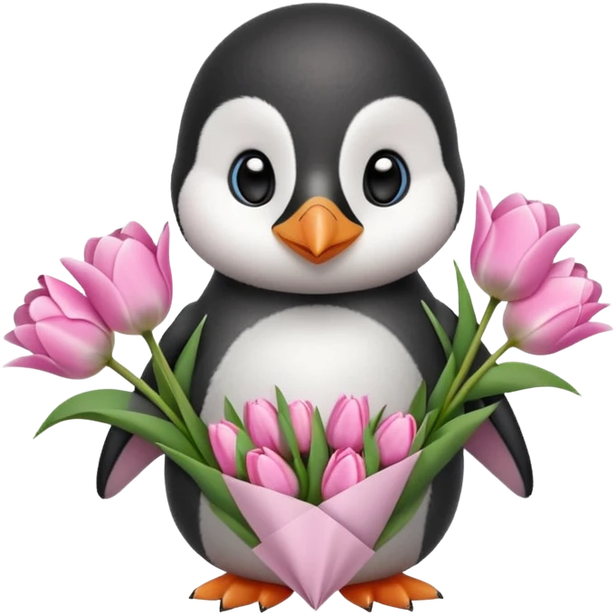Cute baby penguin holding flower bouquet wraped in white paper and all flowers tulips in pink colour emoji