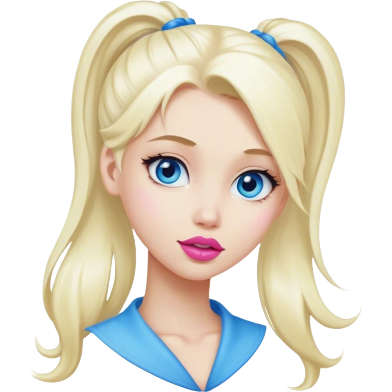 Girl with bleach blonde long hair. Big pink lips. Blue eyes. Hair in ponytail.  emoji