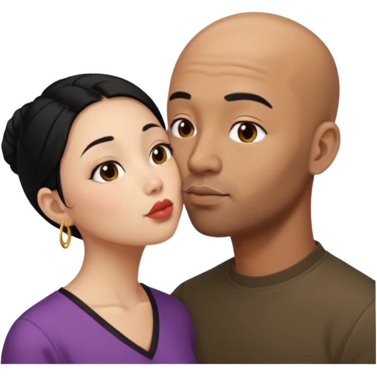 Bald black with small beard deeply kissing a short younger looking asain women with long black hair and nose ring emoji