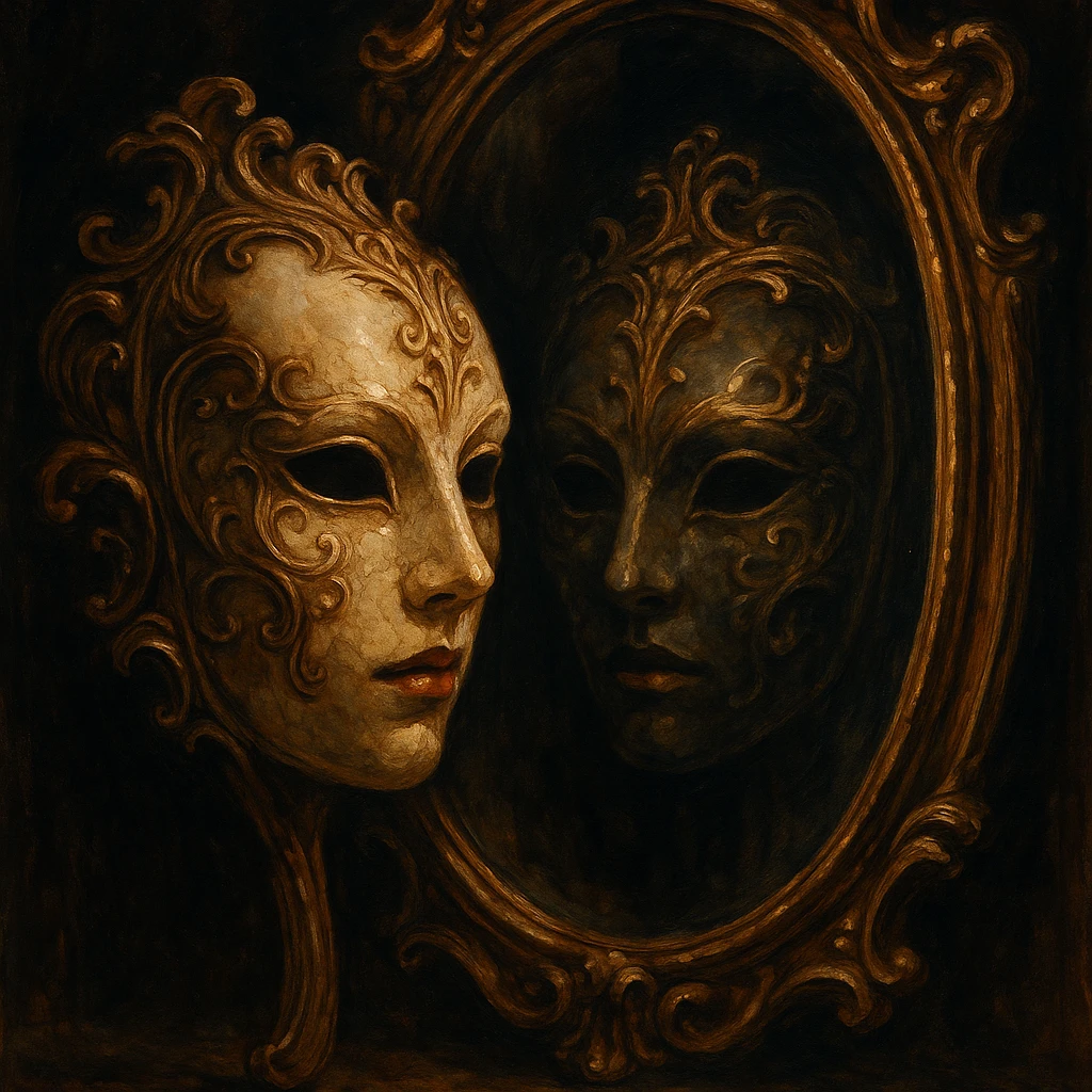 a mask reflected in a mirror, visually striking style, artistic, detailed, dramatic lighting emoji