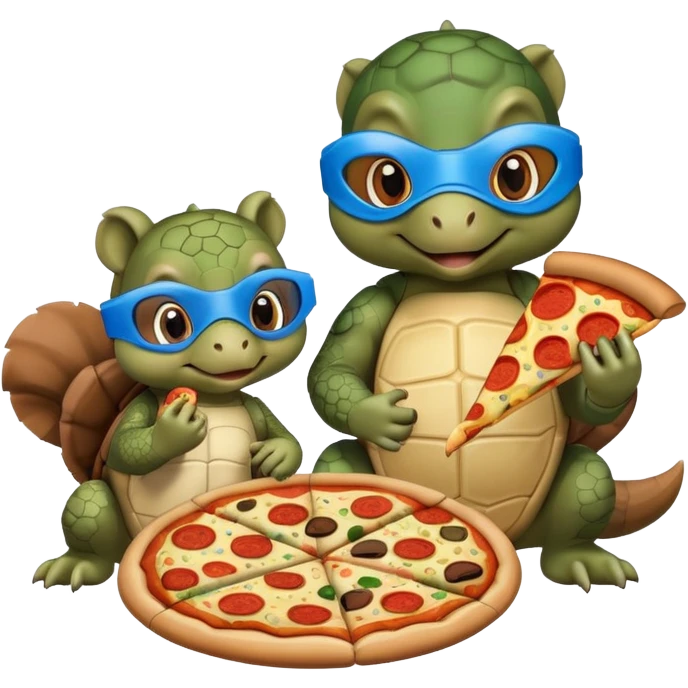 turtle with blue eye mask eating pizza with a squirrel emoji