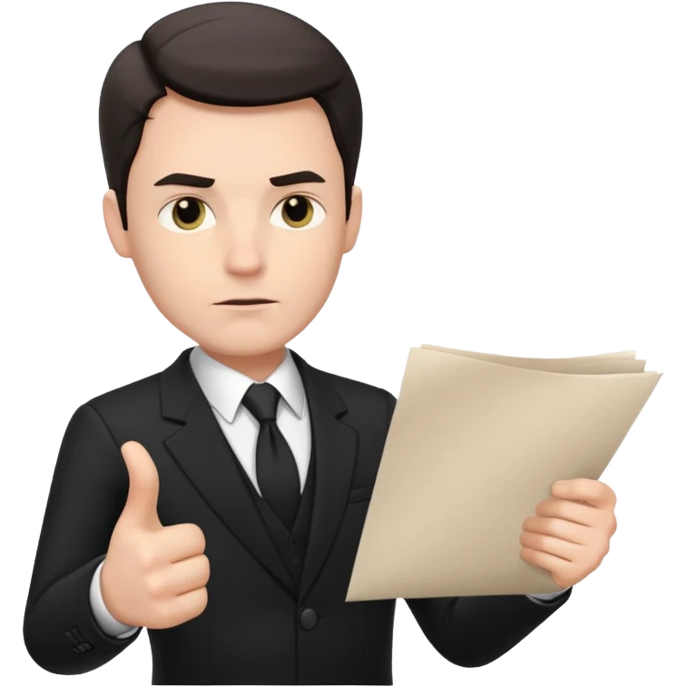 A white man in a black suit stands with a serious face and points at his hand holding papers. emoji