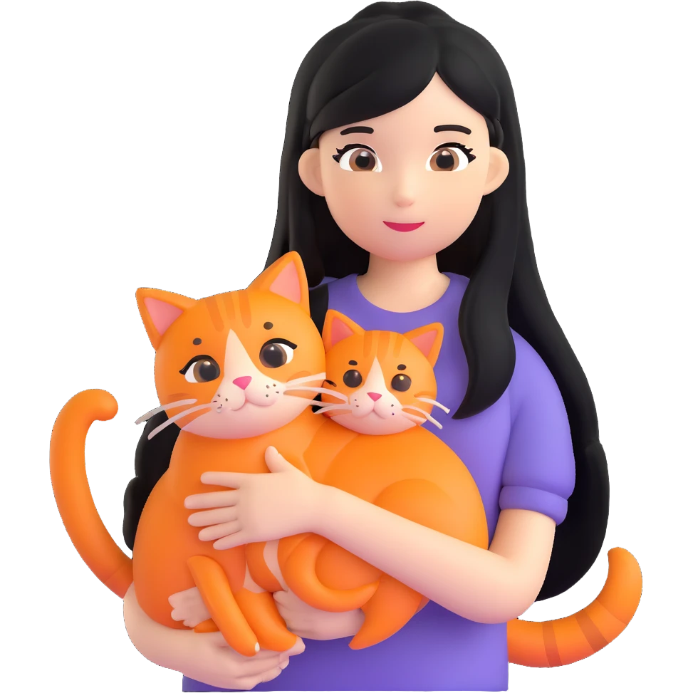 girl with long black hair holding an orange cat emoji