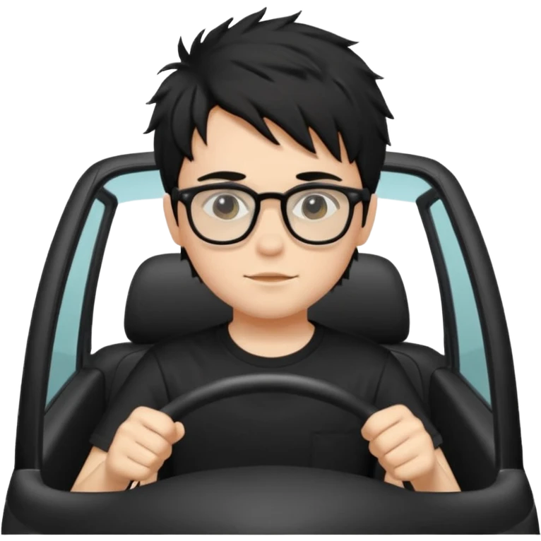 generate a pretty bratz fair skinned boy with black messy hair wearing a black tshirt driving. Glasses on.  emoji
