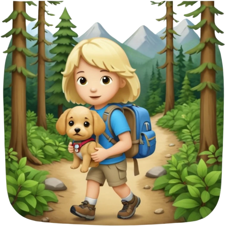 Small blond doodle. Doodle is wearing a puppy sized backpack. Puppy is hiking in th emoji
