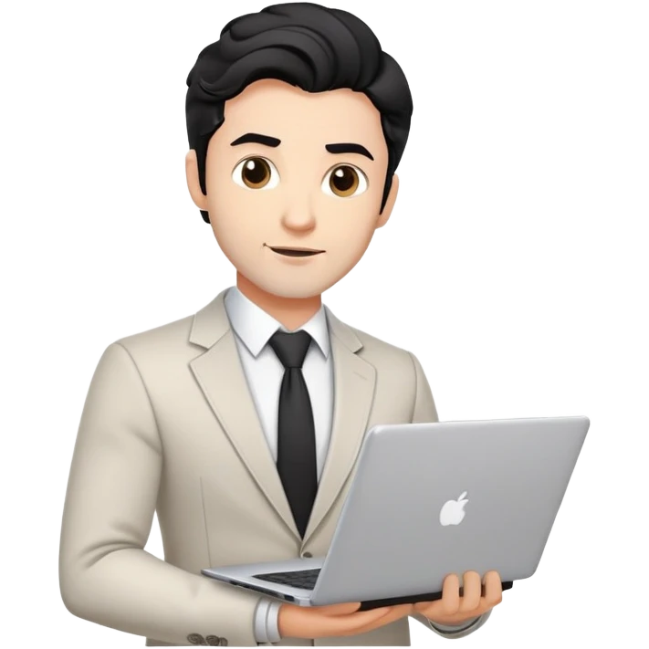 Professional 35-year-old man with black wavy hair, stubble, strong jawline, white skin tone, wearing smart casual business attire, holding a laptop, with a confident approachable expression emoji