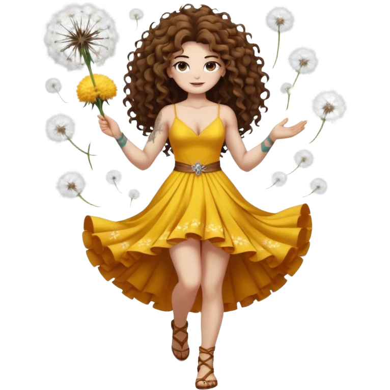 full body woman long curly brown hair brown eyes white skin tattoos muscular build dandelion seed spirit dress made of floating fluff emoji