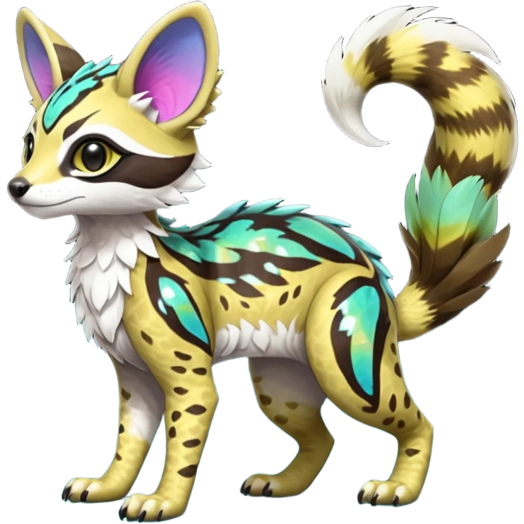 Rare realistic neon-colored iridescent shiny warm-colored lush tropical exotic cute epic pretty beautiful handsome gorgeous aesthetic colorful vibrant Vernid-Protogen-Primagen-Wickerbeast-Genet-Trico-species-Fakemon-hybrid-creature by LiLaiRa, beautiful intricate markings, full body emoji