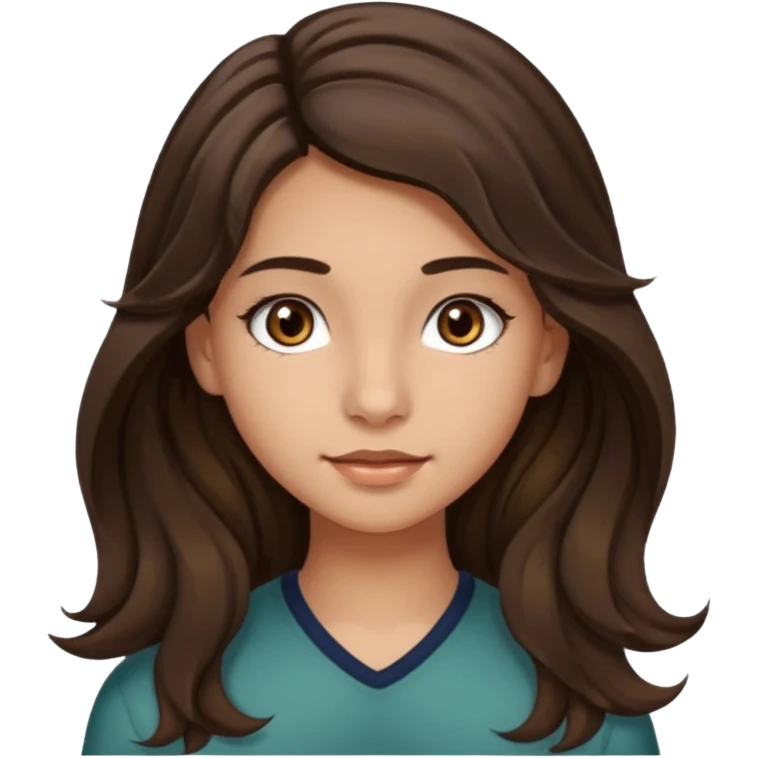 Create a emoji of a girl teen (14 years old) with dark brown hair and a little bit lighter brown in the end of the hair (but mixed) and waves in the hair, very long hair, with MEDIUM FAIR TO OLIVE skin tone, dark brown eyes, perfect nose, long eyelashes emoji