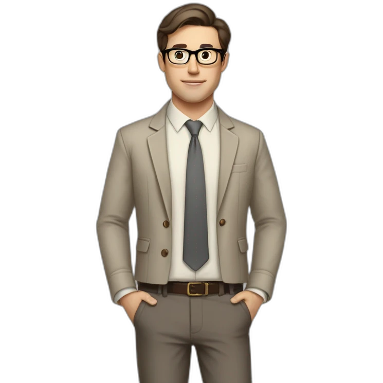 Full height Pale skinned fit man with dark brown hair in gray jacket, beige office shirt, brown tie, brown pants and vintage glasses. His right hand stretched out emoji