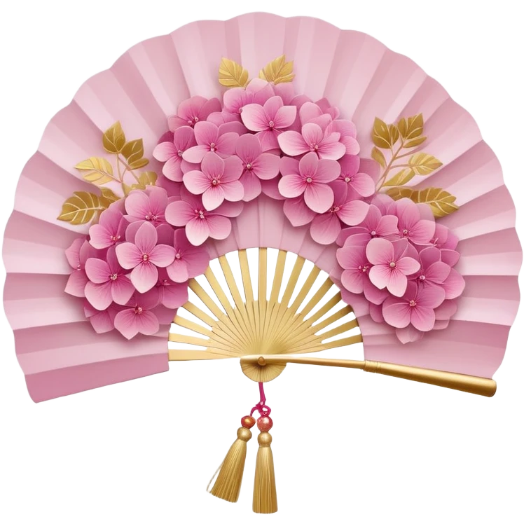 Japanese style pink hydrangea (ajisai) flower arranged like traditional uchiwa fan design, with gold accents, rinpa style pattern background, elegant composition emoji