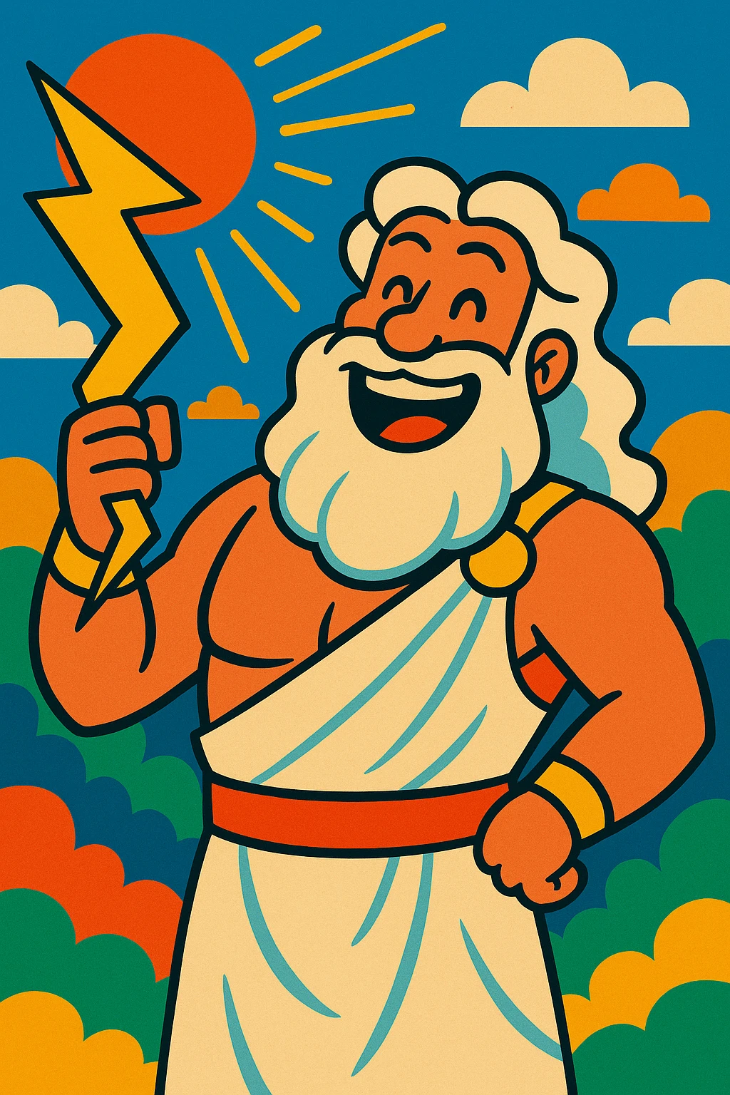 happy Zeus, the Greek god, vibrant cartoon style emoji