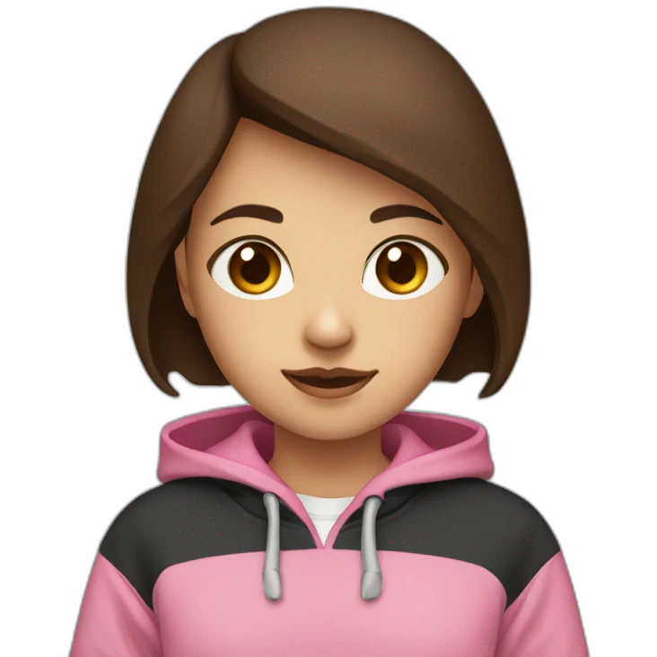 Girl with short brown hair and brown eye who wearing black hoodies with pink pants  emoji