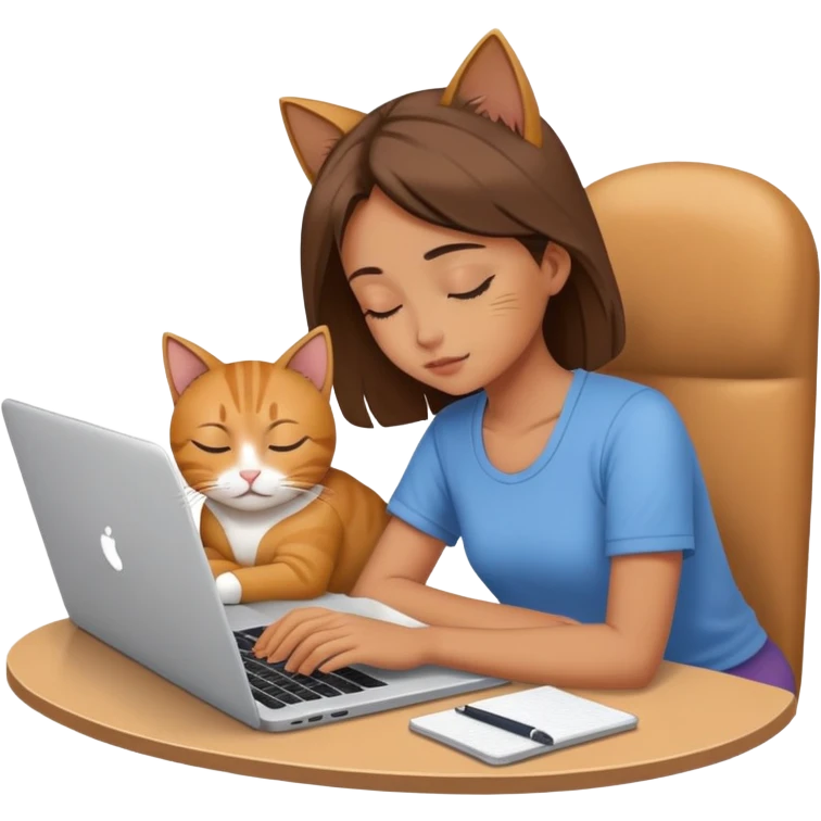 A girl is working hard in front of her laptop, and a cat is sleeping next to it emoji