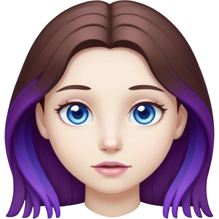 A girl with white skin, blue eyes, and long brown hair, the ends of her hair are purple. emoji