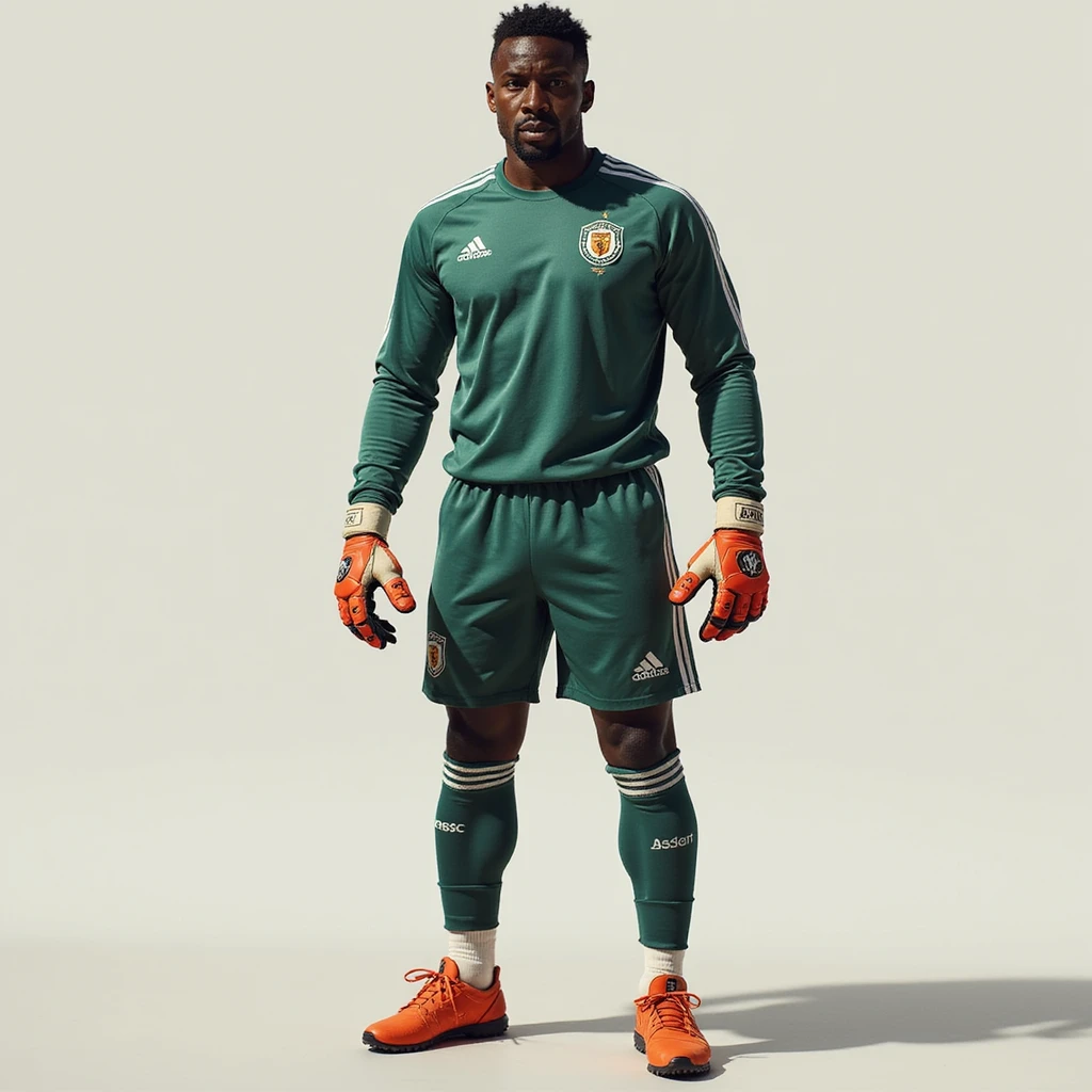 realistic style standing pose of André Onana, football goalkeeper, wearing gloves, confident pose, short hair, dark skin, simple background emoji