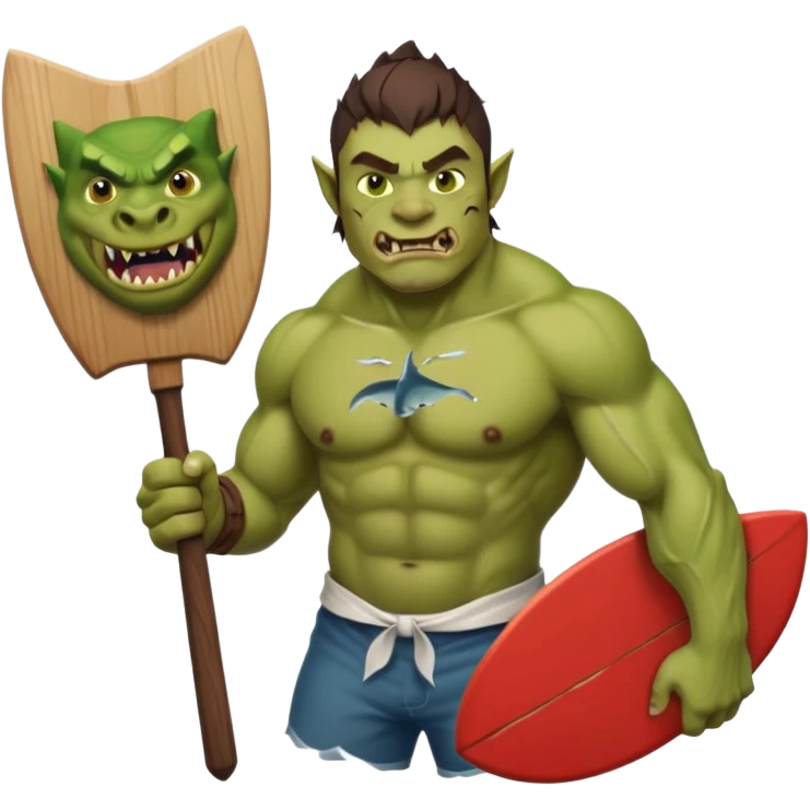 orc male holds a board with a shark painted vertically in his hands emoji