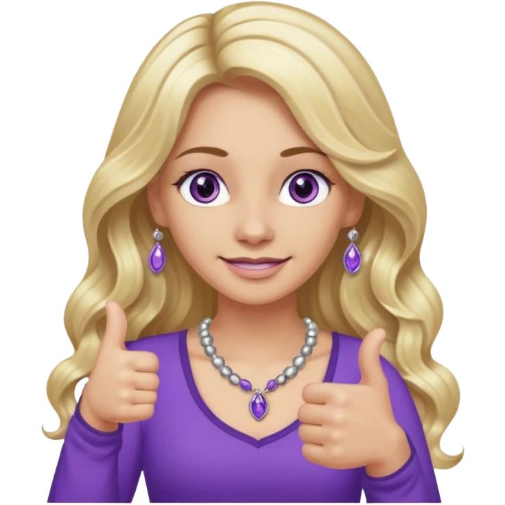 lady with long wavy blonde hair, purple top, коричневыми eyes, thumbs up, с бусами белые и серебром на шее emoji