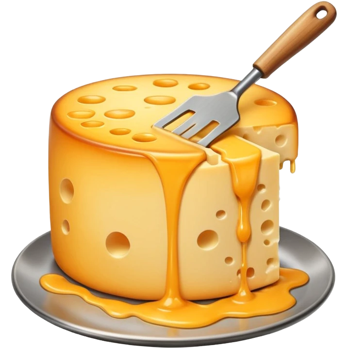 a half vertical  wheel of cheese being scraped with a metal spatula, melted cheese flowing, warm golden colors, modern emoji style, clean outlines, transparent background emoji