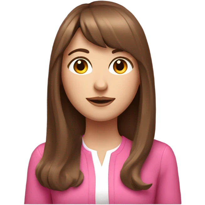 White girl with Long brown hair with bangs with a pink outfit  emoji