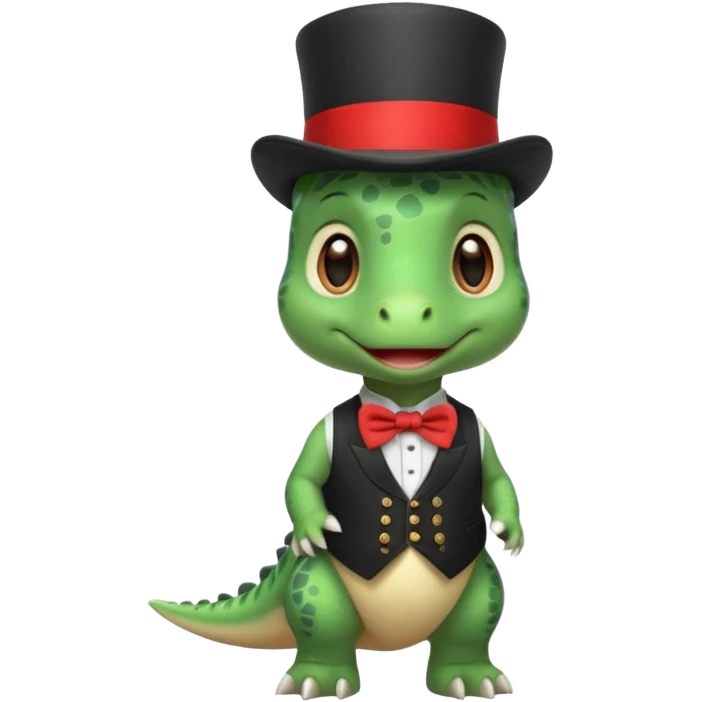 Steampunk:a very cute and adorable green anthropomorphic baby dinosaur with a red top hat emoji