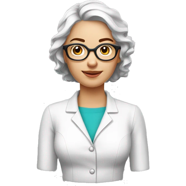 femme pharmacien avec une blouse pas blanche cheveux brun court boucle et à lunette emoji
