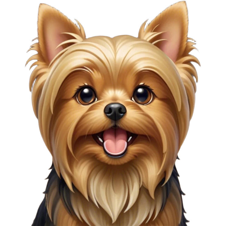 Cinematic Cute Yawning Yorkshire Terrier Portrait Emoji, Head tilted with a playful, drowsy expression and droopy, adorable eyes, featuring a soft, well-groomed fur in rich hues, simplified yet irresistibly endearing, highly detailed, glowing with a warm, cozy radiance, high shine, exuding a relaxed yet spunky charm, styled with a gentle, soft glowing outline, capturing the essence of a Yorkshire Terrier mid-yawn that seems as if it could cuddle right off the screen! emoji