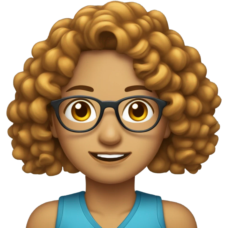 woman dengan kacamata hampir bulat, rambut curly dark ginger, kulit sawo matang baju biru emoji