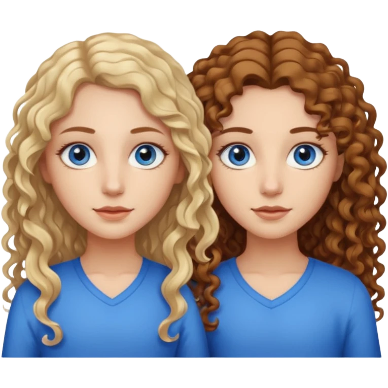 Twin sisters, one has brown eyes, long curly brown hair, the other one has straight blond hair and blue eyes emoji