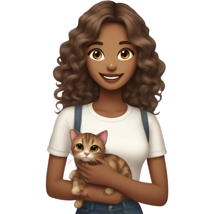 "Young woman with medium brown skin tone, long wavy hair, big sparkling eyes, a radiant smile, wearing a stylish outfit, holding a cute cat, and looking very beautiful and adorable." emoji