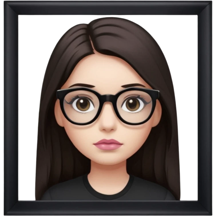 A Girl with dark straight long hair, divided in the middle hairstyle. white skin, black coloured eyes, wearing a black shirt and a tortoise framed glasses. Her mounth is light old pink. emoji