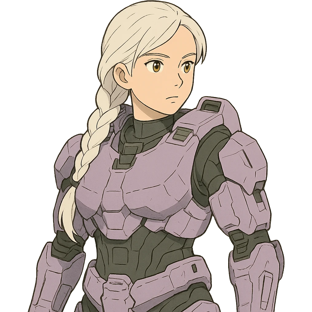 female, wearing reach spartan armor default, long white braid hair, gold yellow eyes, attention pose, halo series, no helmet, the armor is lavender color scheme and has no shoulder pad attachments. DDD bust size fitting emoji
