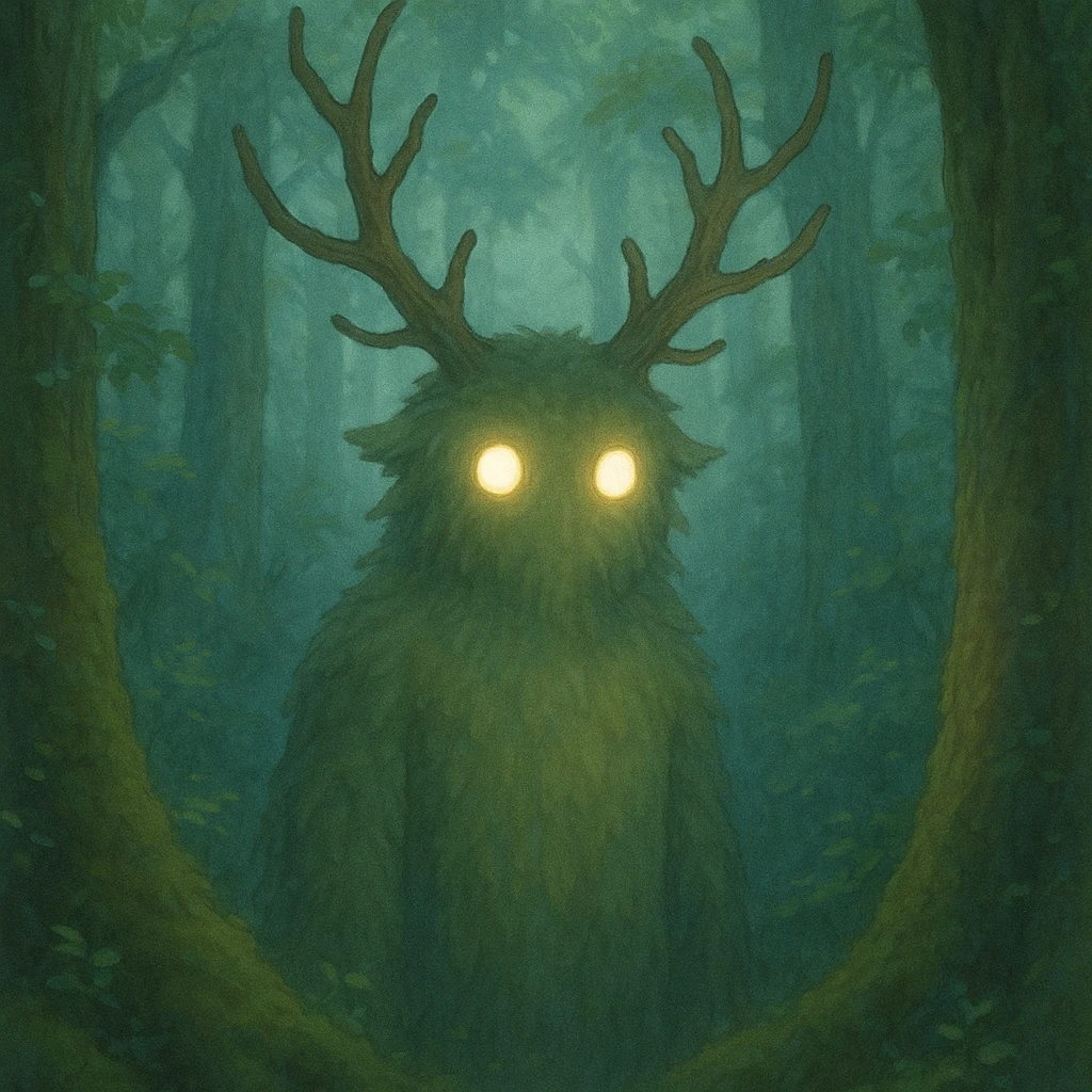 forest spirit with glowing eyes in ghibli style, mystical, ethereal, soft lighting emoji