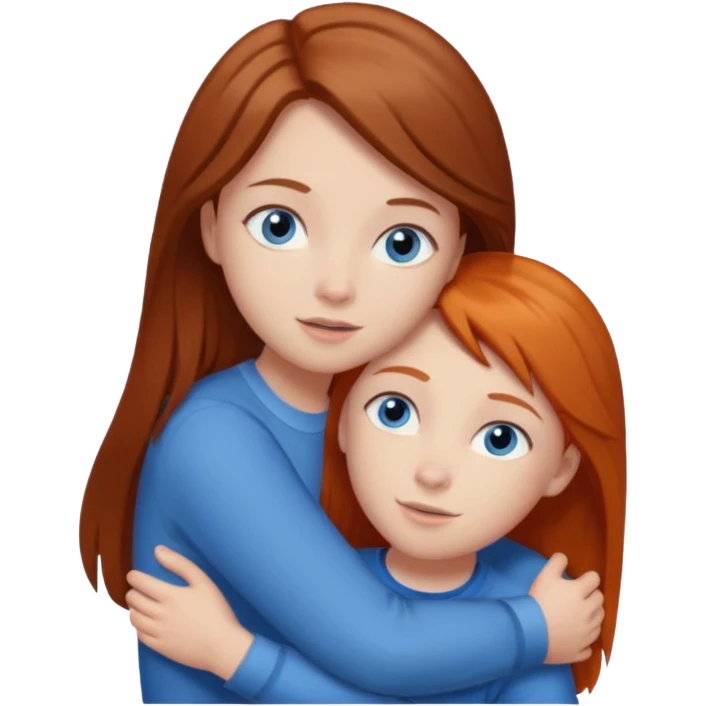 Girl with straight brown hair being hugged by ginger boy. Both have blue eyes.  emoji