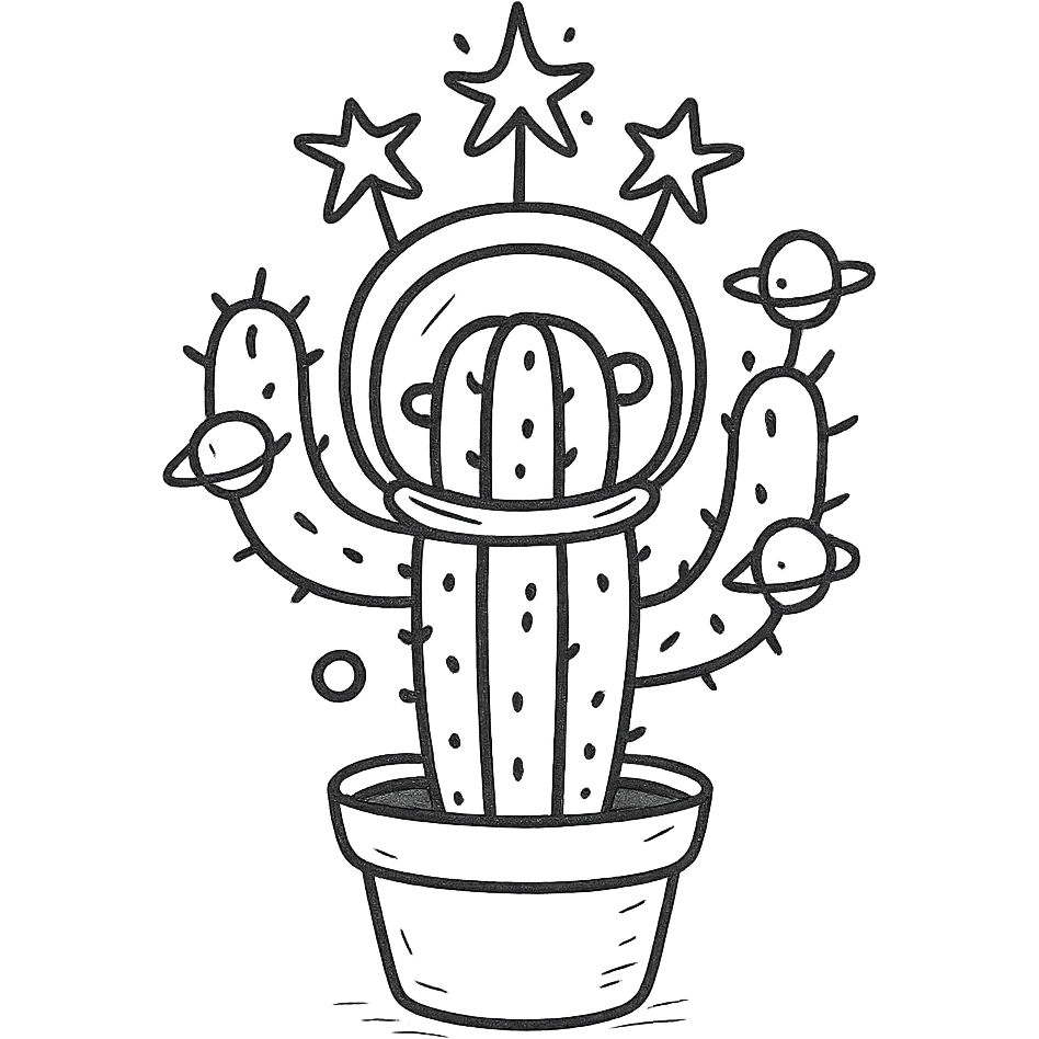 A spacesuit-wearing cactus blooming neon stars instead of flowers, with mini planets on its prickles emoji