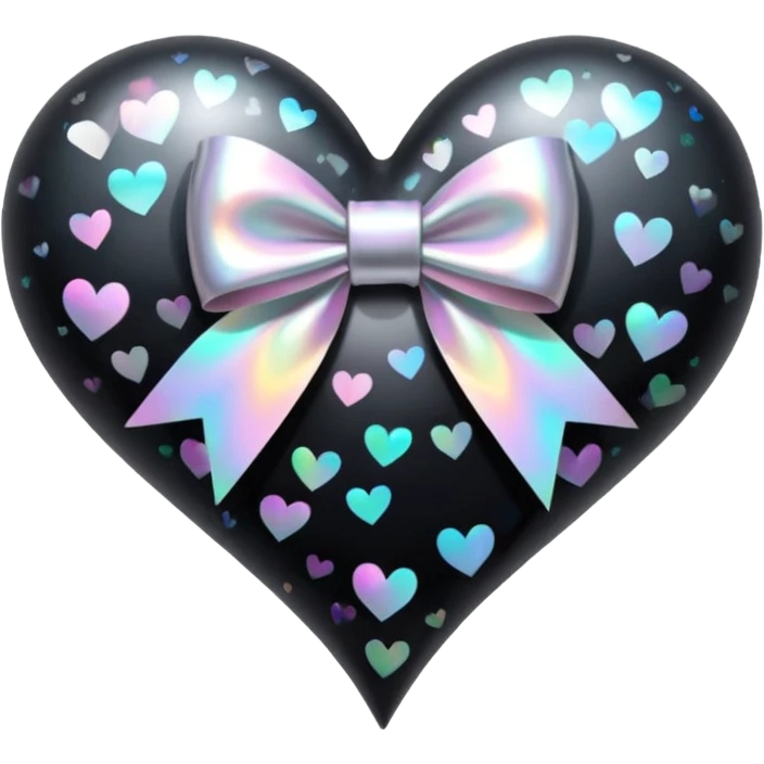 holographic black heart with a silver bow and heart pattern on the bow emoji