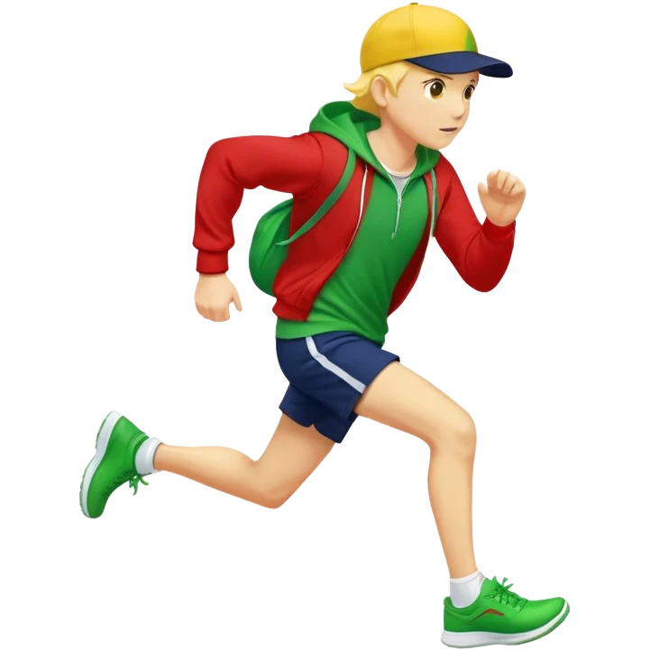 A yellow-skinned person running with a navy ballcap, red hoodie, white shorts, and green shoes emoji