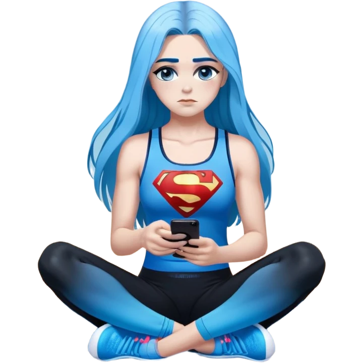 Shameful disappointed crying-very very very very big chest-texting on a samsung cell phone-very long straight flowing black to sky blue hair ombre-blue eyes-black eyeliner-long eyelashes-plastic sparkling sky blue very low cut tank top with sparkling superman logo-black leggings-nike sneakers emoji