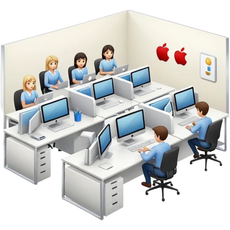 open-plan office with employees at computers, representing a small or medium business, Apple iOS style, soft lighting, glossy finish, white background emoji