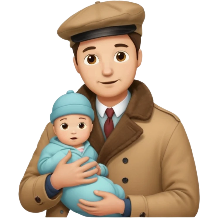 a mustache dad wearing vintage clothes with vintage coat holding his baby  emoji