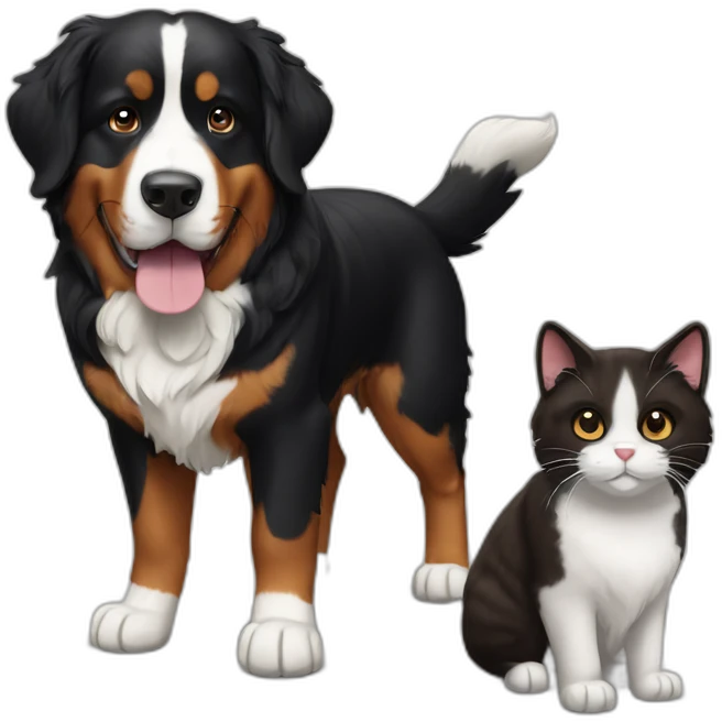 Bernese dog next to A brown and black cat without white emoji