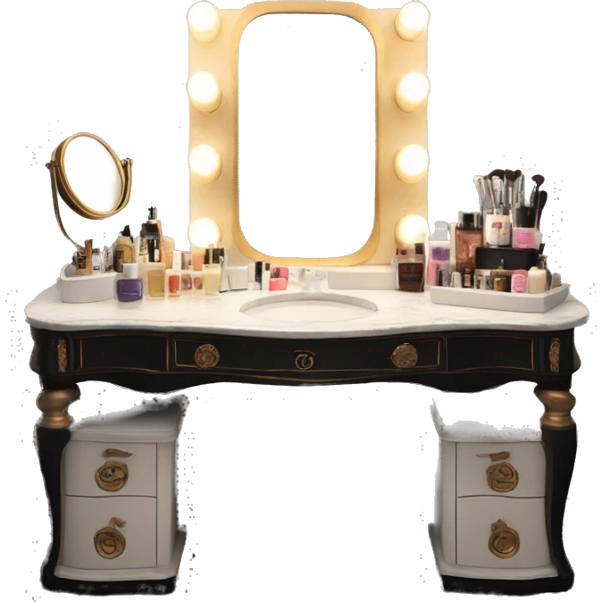 Antique Hollywood vanity with lights around mirror and black and white skincare laid out emoji