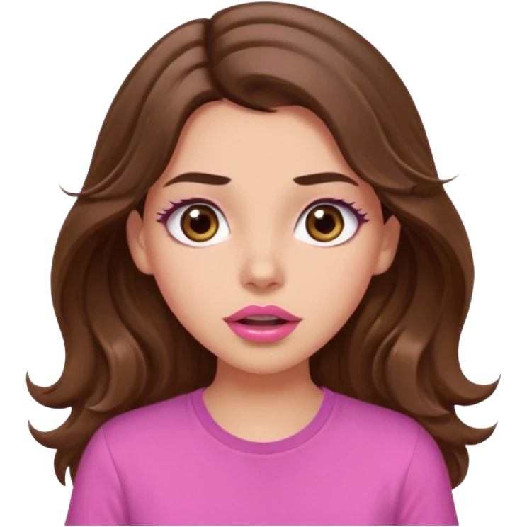 girl with long wavy brown hair, brown eyes, light to medium complexion, in a pink shirt, pink lips, long lashes, surprised, wow emoji