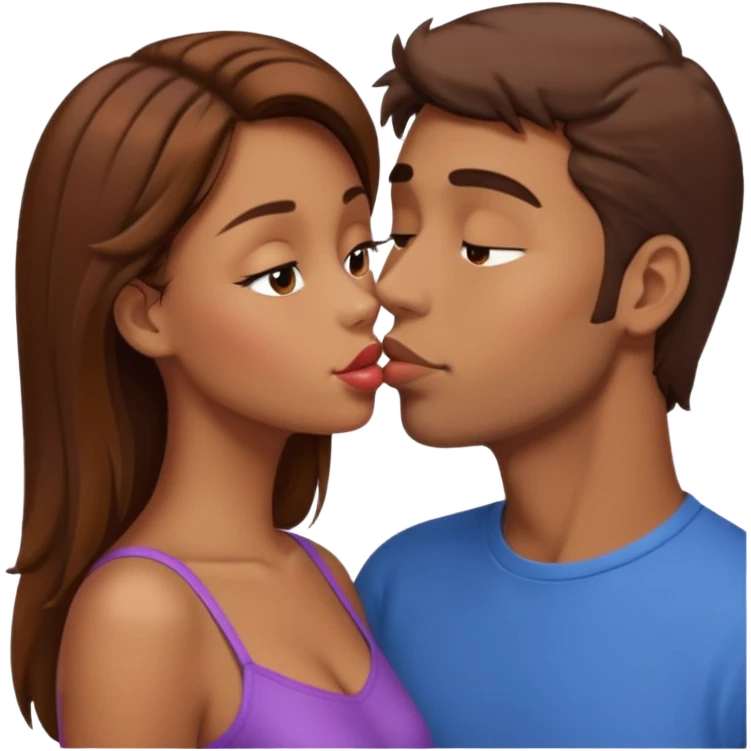 A naked girl with brown hair and bare small breasts openly kisses a tall guy with brown hair full-length on the lips emoji