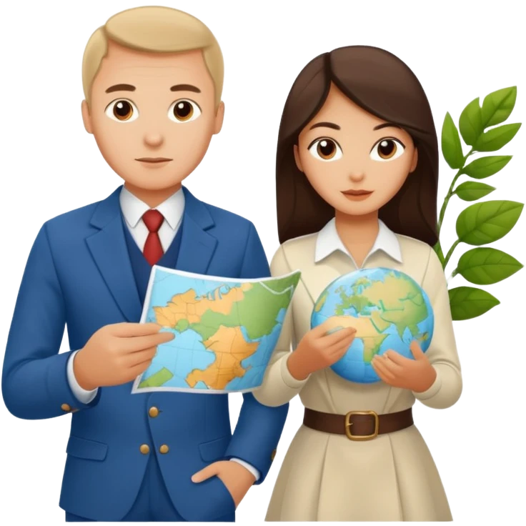 Russian man and elegant turkish girl in cute outfits with a map planning plants emoji