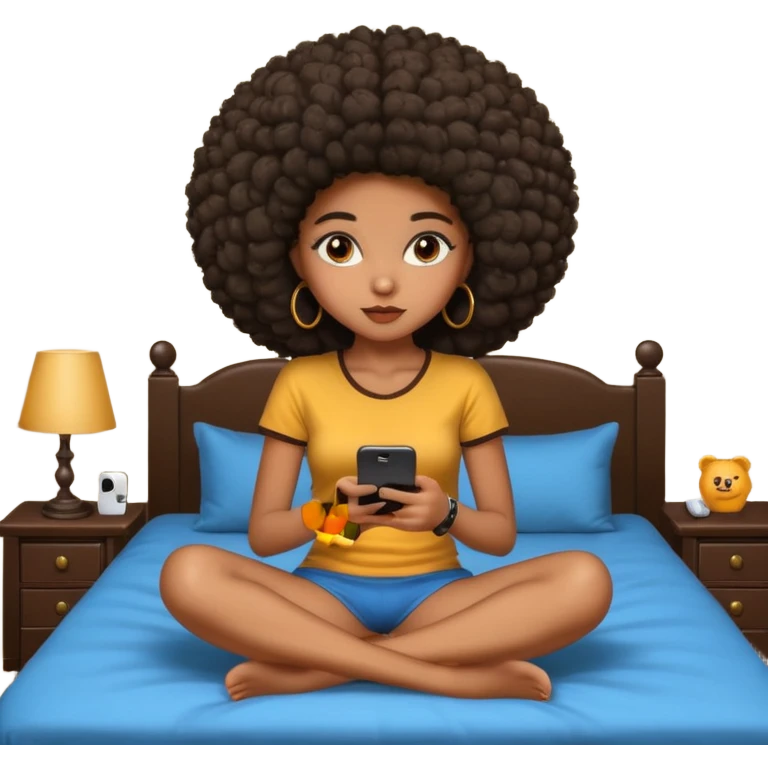 a slim thick black girl sitting on her bed with a big afro her phone emoji